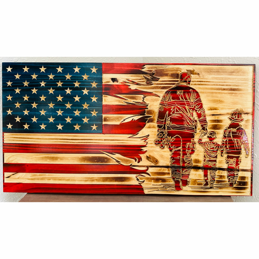 Firefighter Dad and Children Wooden American Flag
