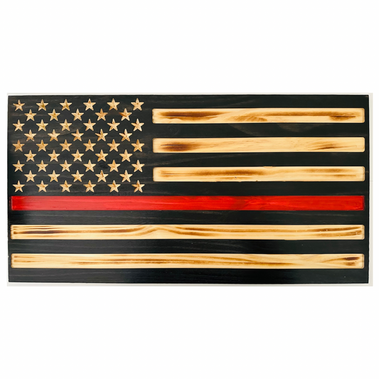 Thin Red Line Wooden American Flag - Firefighter Flag